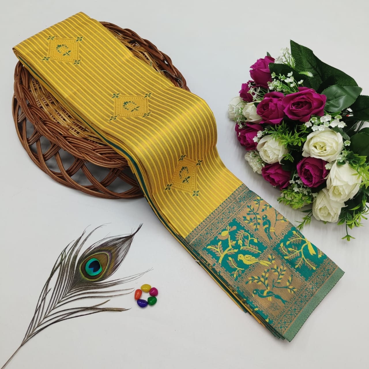 Silk Bridal Saree – 3D Embossed Weaving, Rose Gold Zari, Rich Pallu & Contrast Blouse | Premium Lightweight Wedding Saree