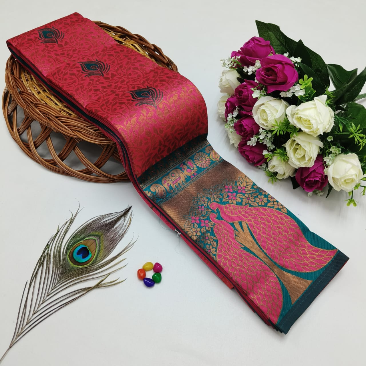 Silk Bridal Saree – 3D Embossed Weaving, Rose Gold Zari, Rich Pallu & Contrast Blouse | Premium Lightweight Wedding Saree