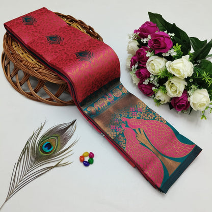 Silk Bridal Saree – 3D Embossed Weaving, Rose Gold Zari, Rich Pallu & Contrast Blouse | Premium Lightweight Wedding Saree