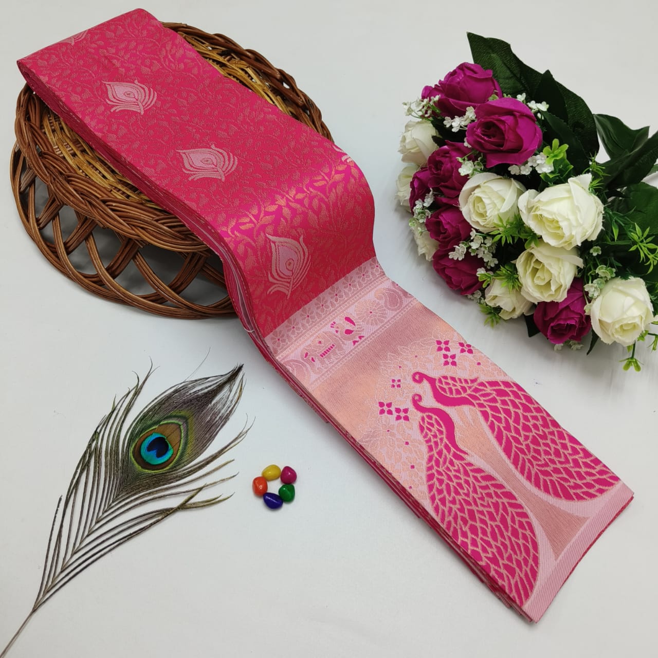 Silk Bridal Saree – 3D Embossed Weaving, Rose Gold Zari, Rich Pallu & Contrast Blouse | Premium Lightweight Wedding Saree