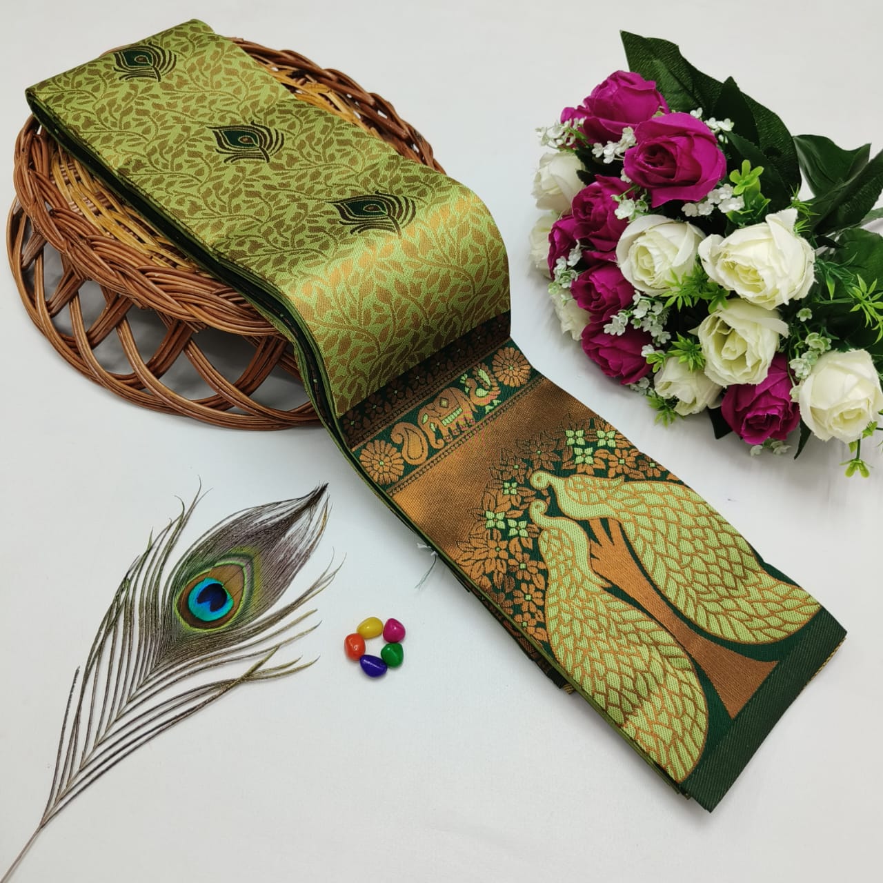 Silk Bridal Saree – 3D Embossed Weaving, Rose Gold Zari, Rich Pallu & Contrast Blouse | Premium Lightweight Wedding Saree