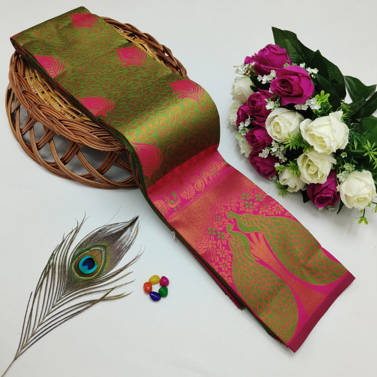 Silk Bridal Saree – 3D Embossed Weaving, Rose Gold Zari, Rich Pallu & Contrast Blouse | Premium Lightweight Wedding Saree