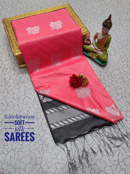 Kanchi Soft Silk Saree for Women | Copper Zari Butta Weaving with Contrast Grand Pallu & Blouse | Premium Lightweight Soft Silk Saree (Elegant Festive & Traditional Wear)