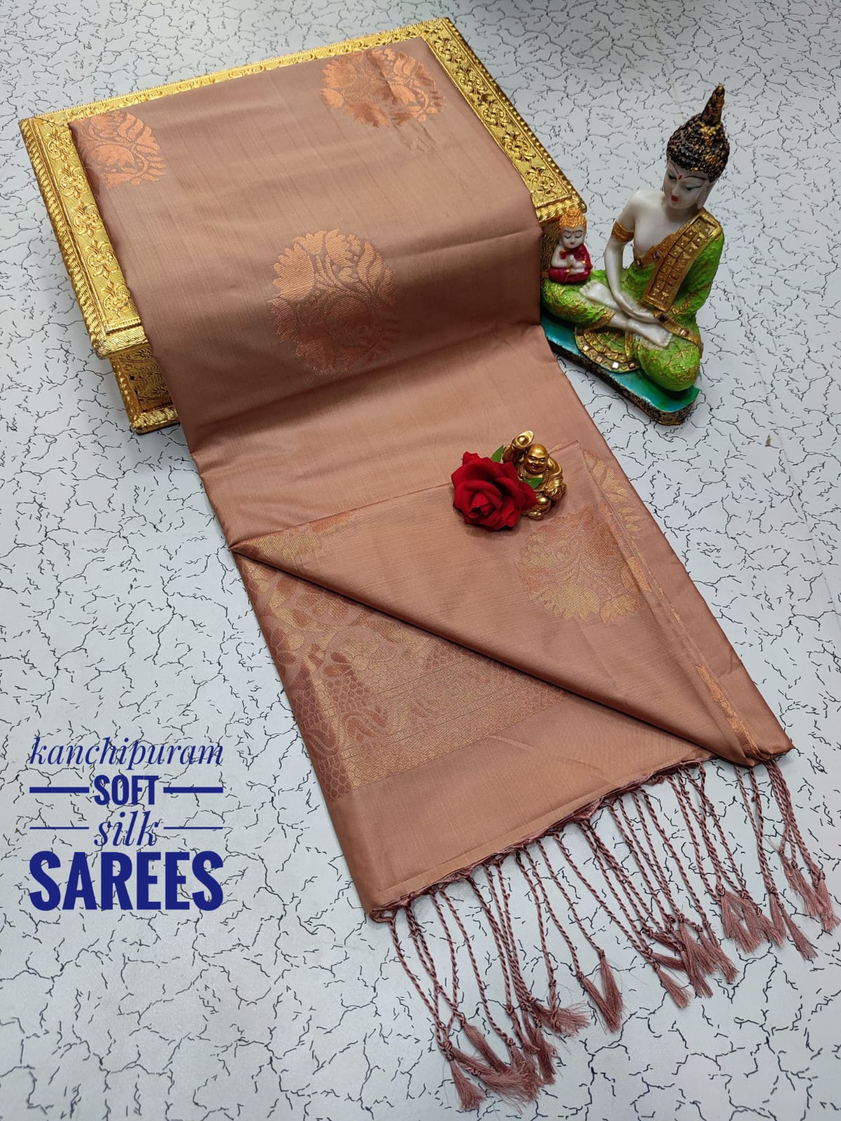 Kanchi Soft Silk Saree for Women | Copper Zari Butta Weaving with Contrast Grand Pallu & Blouse | Premium Lightweight Soft Silk Saree (Elegant Festive & Traditional Wear)
