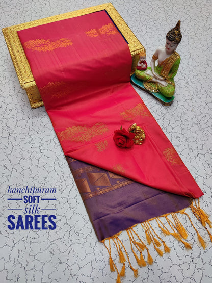 Kanchi Soft Silk Saree for Women | Copper Zari Butta Weaving with Contrast Grand Pallu & Blouse | Premium Lightweight Soft Silk Saree (Elegant Festive & Traditional Wear)