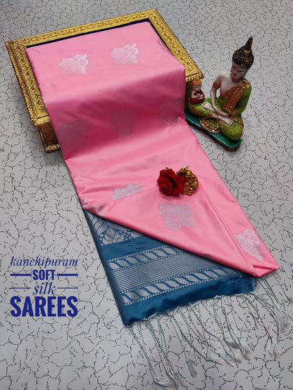 Kanchi Soft Silk Saree for Women | Copper Zari Butta Weaving with Contrast Grand Pallu & Blouse | Premium Lightweight Soft Silk Saree (Elegant Festive & Traditional Wear)