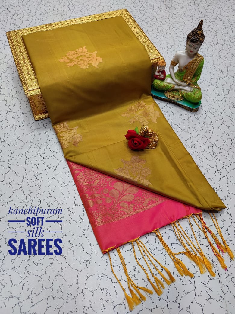 Kanchi Soft Silk Saree for Women | Copper Zari Butta Weaving with Contrast Grand Pallu & Blouse | Premium Lightweight Soft Silk Saree (Elegant Festive & Traditional Wear)