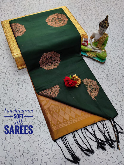 Kanchi Soft Silk Saree for Women | Copper Zari Butta Weaving with Contrast Grand Pallu & Blouse | Premium Lightweight Soft Silk Saree (Elegant Festive & Traditional Wear)