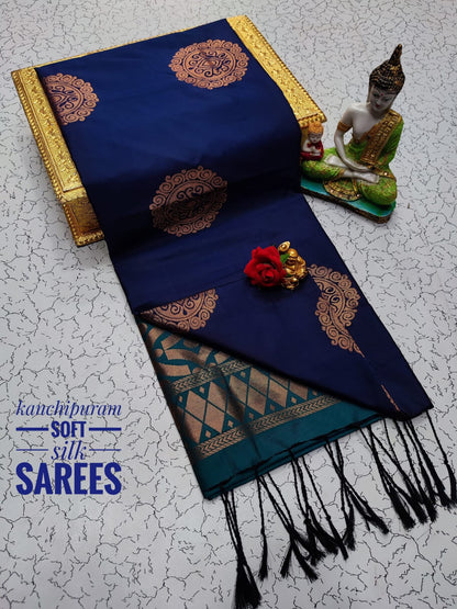 Kanchi Soft Silk Saree for Women | Copper Zari Butta Weaving with Contrast Grand Pallu & Blouse | Premium Lightweight Soft Silk Saree (Elegant Festive & Traditional Wear)