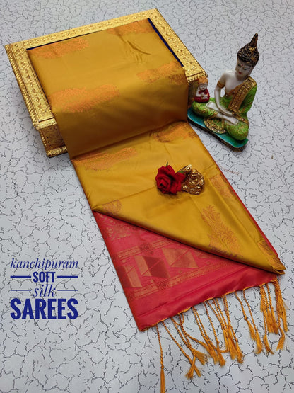 Kanchi Soft Silk Saree for Women | Copper Zari Butta Weaving with Contrast Grand Pallu & Blouse | Premium Lightweight Soft Silk Saree (Elegant Festive & Traditional Wear)