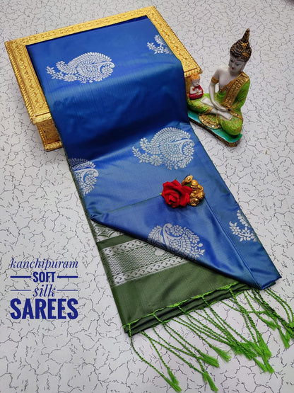 Kanchi Soft Silk Saree for Women | Copper Zari Butta Weaving with Contrast Grand Pallu & Blouse | Premium Lightweight Soft Silk Saree (Elegant Festive & Traditional Wear)