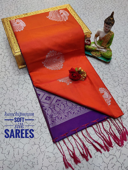 Kanchi Soft Silk Saree for Women | Copper Zari Butta Weaving with Contrast Grand Pallu & Blouse | Premium Lightweight Soft Silk Saree (Elegant Festive & Traditional Wear)