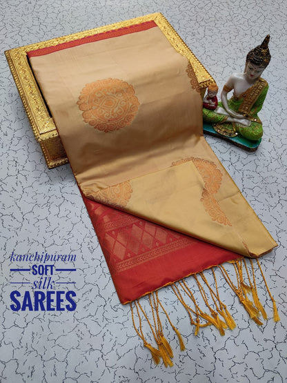 Kanchi Soft Silk Saree for Women | Copper Zari Butta Weaving with Contrast Grand Pallu & Blouse | Premium Lightweight Soft Silk Saree (Elegant Festive & Traditional Wear)