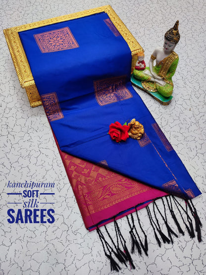 Kanchi Soft Silk Saree for Women | Copper Zari Butta Weaving with Contrast Grand Pallu & Blouse | Premium Lightweight Soft Silk Saree (Elegant Festive & Traditional Wear)