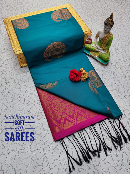 Kanchi Soft Silk Saree for Women | Copper Zari Butta Weaving with Contrast Grand Pallu & Blouse | Premium Lightweight Soft Silk Saree (Elegant Festive & Traditional Wear)