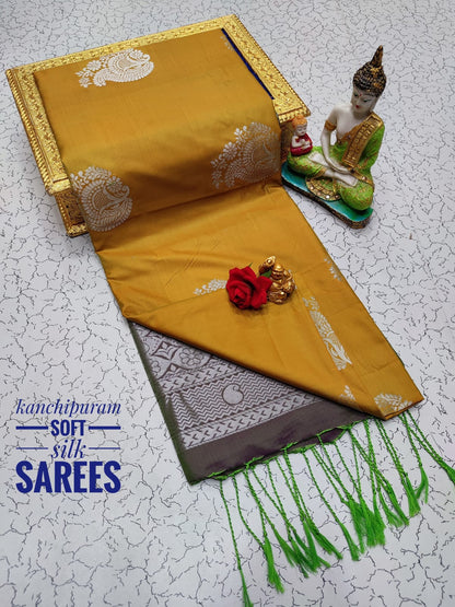 Kanchi Soft Silk Saree for Women | Copper Zari Butta Weaving with Contrast Grand Pallu & Blouse | Premium Lightweight Soft Silk Saree (Elegant Festive & Traditional Wear)