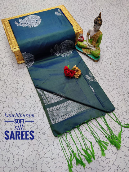 Kanchi Soft Silk Saree for Women | Copper Zari Butta Weaving with Contrast Grand Pallu & Blouse | Premium Lightweight Soft Silk Saree (Elegant Festive & Traditional Wear)