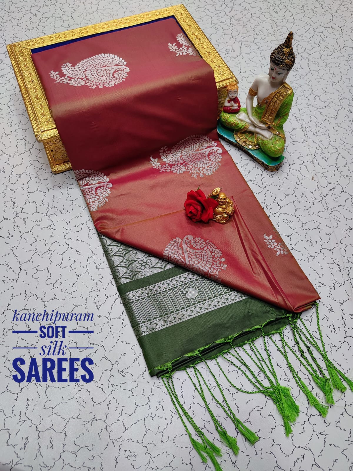 Kanchi Soft Silk Saree for Women | Copper Zari Butta Weaving with Contrast Grand Pallu & Blouse | Premium Lightweight Soft Silk Saree (Elegant Festive & Traditional Wear)