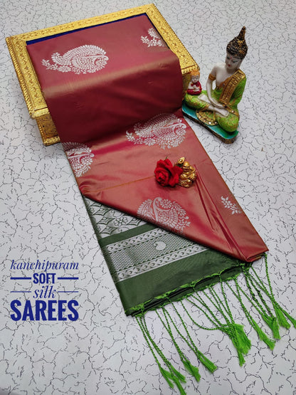 Kanchi Soft Silk Saree for Women | Copper Zari Butta Weaving with Contrast Grand Pallu & Blouse | Premium Lightweight Soft Silk Saree (Elegant Festive & Traditional Wear)