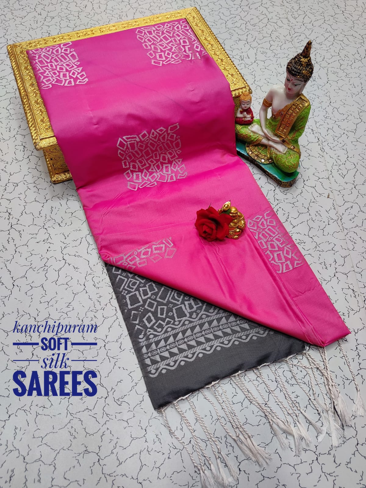 Kanchi Soft Silk Saree for Women | Copper Zari Butta Weaving with Contrast Grand Pallu & Blouse | Premium Lightweight Soft Silk Saree (Elegant Festive & Traditional Wear)