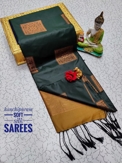 Kanchi Soft Silk Saree for Women | Copper Zari Butta Weaving with Contrast Grand Pallu & Blouse | Premium Lightweight Soft Silk Saree (Elegant Festive & Traditional Wear)