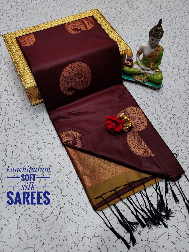 Kanchi Soft Silk Saree for Women | Copper Zari Butta Weaving with Contrast Grand Pallu & Blouse | Premium Lightweight Soft Silk Saree (Elegant Festive & Traditional Wear)