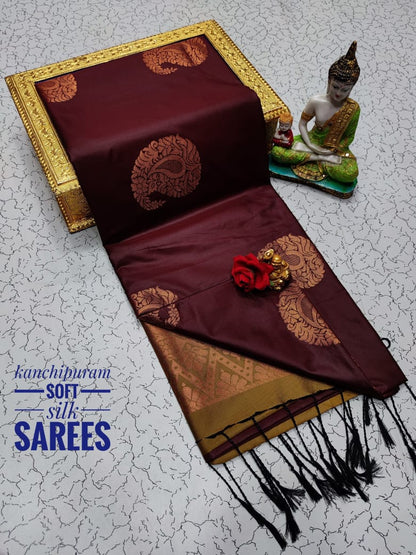 Kanchi Soft Silk Saree for Women | Copper Zari Butta Weaving with Contrast Grand Pallu & Blouse | Premium Lightweight Soft Silk Saree (Elegant Festive & Traditional Wear)