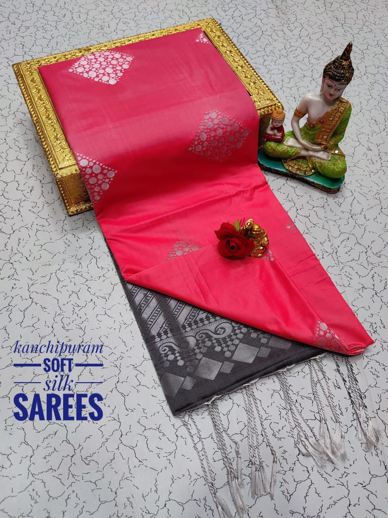 Kanchi Soft Silk Saree for Women | Copper Zari Butta Weaving with Contrast Grand Pallu & Blouse | Premium Lightweight Soft Silk Saree (Elegant Festive & Traditional Wear)