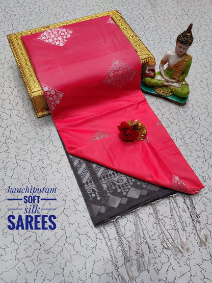 Kanchi Soft Silk Saree for Women | Copper Zari Butta Weaving with Contrast Grand Pallu & Blouse | Premium Lightweight Soft Silk Saree (Elegant Festive & Traditional Wear)