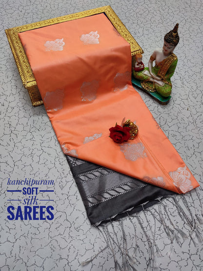 Kanchi Soft Silk Saree for Women | Copper Zari Butta Weaving with Contrast Grand Pallu & Blouse | Premium Lightweight Soft Silk Saree (Elegant Festive & Traditional Wear)