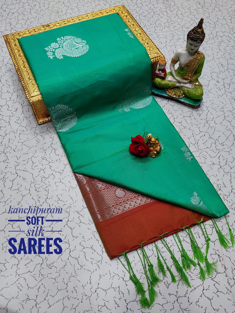 Kanchi Soft Silk Saree for Women | Copper Zari Butta Weaving with Contrast Grand Pallu & Blouse | Premium Lightweight Soft Silk Saree (Elegant Festive & Traditional Wear)