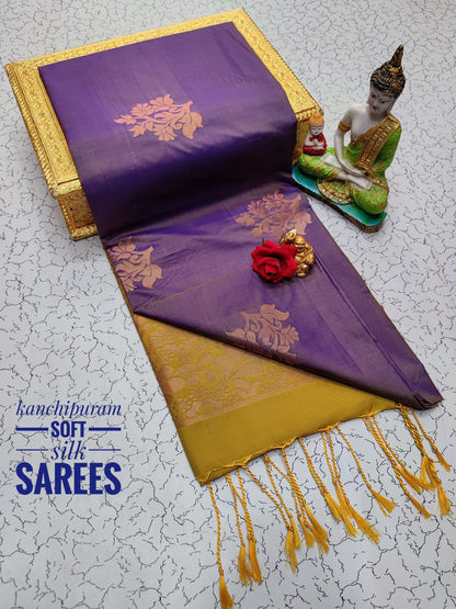 Kanchi Soft Silk Saree for Women | Copper Zari Butta Weaving with Contrast Grand Pallu & Blouse | Premium Lightweight Soft Silk Saree (Elegant Festive & Traditional Wear)