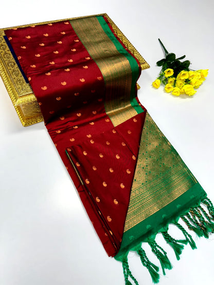 Luxury Border Pure Pattu Soft Silk Saree – 75 Dineyar Yarn Weaving with 2/2 Warp Thana Silk, Butta Work & Rich Contrast Pallu