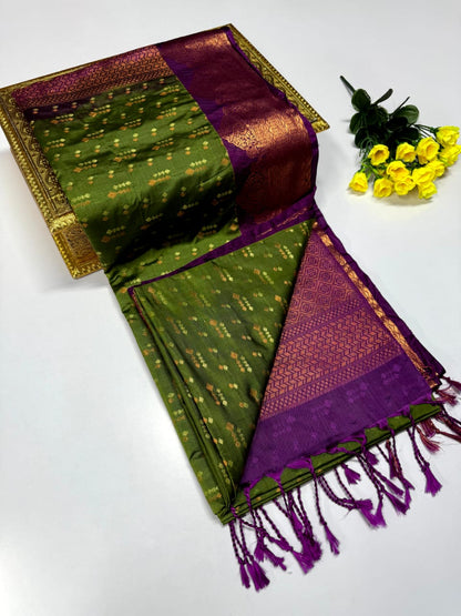 Luxury Border Pure Pattu Soft Silk Saree – 75 Dineyar Yarn Weaving with 2/2 Warp Thana Silk, Butta Work & Rich Contrast Pallu