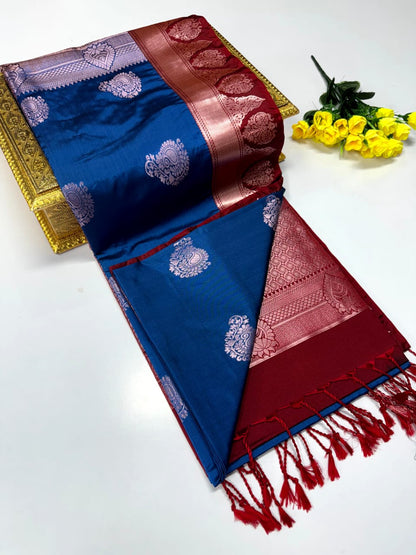 Luxury Border Pure Pattu Soft Silk Saree – 75 Dineyar Yarn Weaving with 2/2 Warp Thana Silk, Butta Work & Rich Contrast Pallu