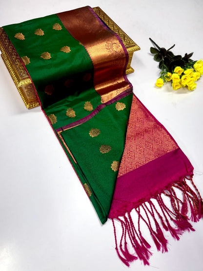 Luxury Border Pure Pattu Soft Silk Saree – 75 Dineyar Yarn Weaving with 2/2 Warp Thana Silk, Butta Work & Rich Contrast Pallu