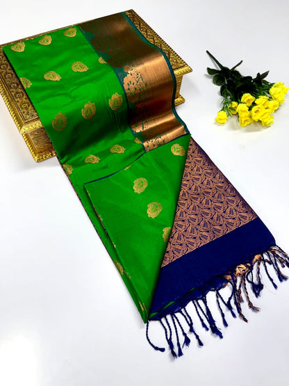 Luxury Border Pure Pattu Soft Silk Saree – 75 Dineyar Yarn Weaving with 2/2 Warp Thana Silk, Butta Work & Rich Contrast Pallu
