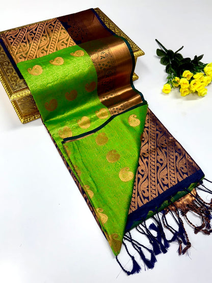 Luxury Border Pure Pattu Soft Silk Saree – 75 Dineyar Yarn Weaving with 2/2 Warp Thana Silk, Butta Work & Rich Contrast Pallu