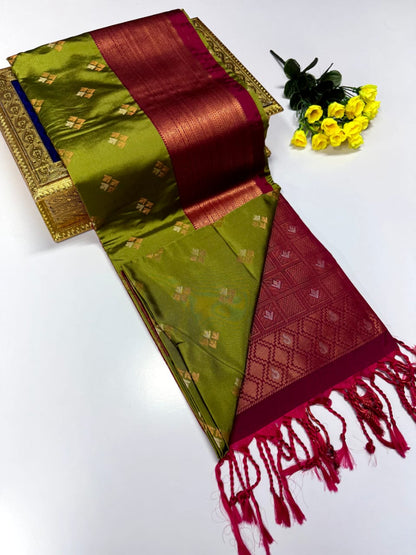 Luxury Border Pure Pattu Soft Silk Saree – 75 Dineyar Yarn Weaving with 2/2 Warp Thana Silk, Butta Work & Rich Contrast Pallu