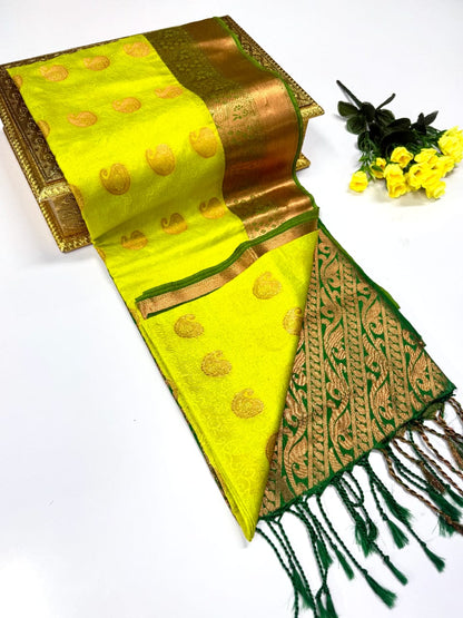 Luxury Border Pure Pattu Soft Silk Saree – 75 Dineyar Yarn Weaving with 2/2 Warp Thana Silk, Butta Work & Rich Contrast Pallu