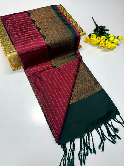 Luxury Border Pure Pattu Soft Silk Saree – 75 Dineyar Yarn Weaving with 2/2 Warp Thana Silk, Butta Work & Rich Contrast Pallu