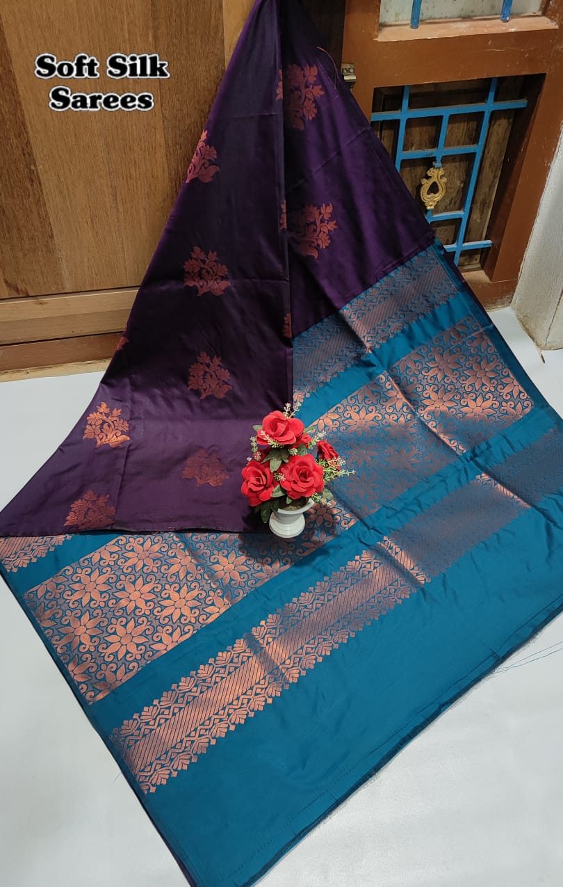 Kanchipuram Soft Silk Saree with All-Over Copper Zari Butta – Lightweight Rich Pallu & Contrast Blouse