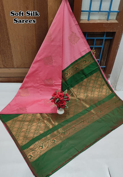 Kanchipuram Soft Silk Saree with All-Over Copper Zari Butta – Lightweight Rich Pallu & Contrast Blouse