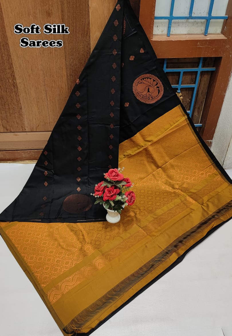 Kanchipuram Soft Silk Saree with All-Over Copper Zari Butta – Lightweight Rich Pallu & Contrast Blouse