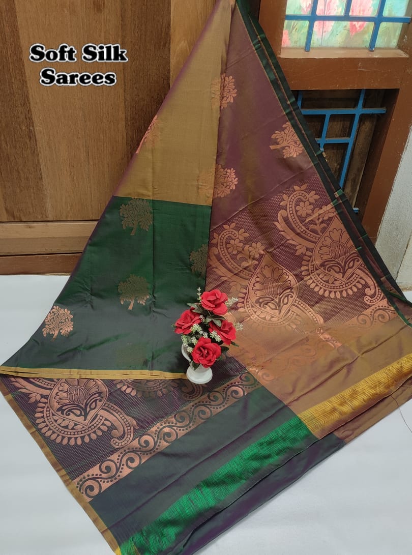 Kanchipuram Soft Silk Saree with All-Over Copper Zari Butta – Lightweight Rich Pallu & Contrast Blouse
