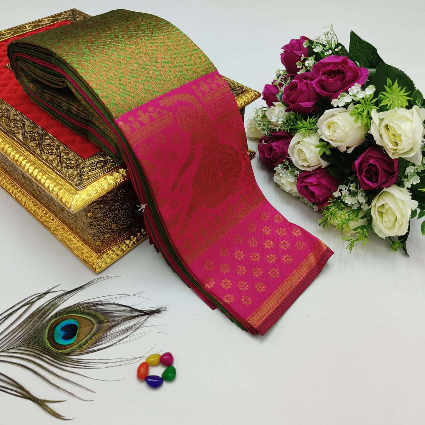 Elite Kupura Korvai Bridal Rapier Silk Saree – 3D Embossed Weaving with Rich Pallu & Contrast Blouse