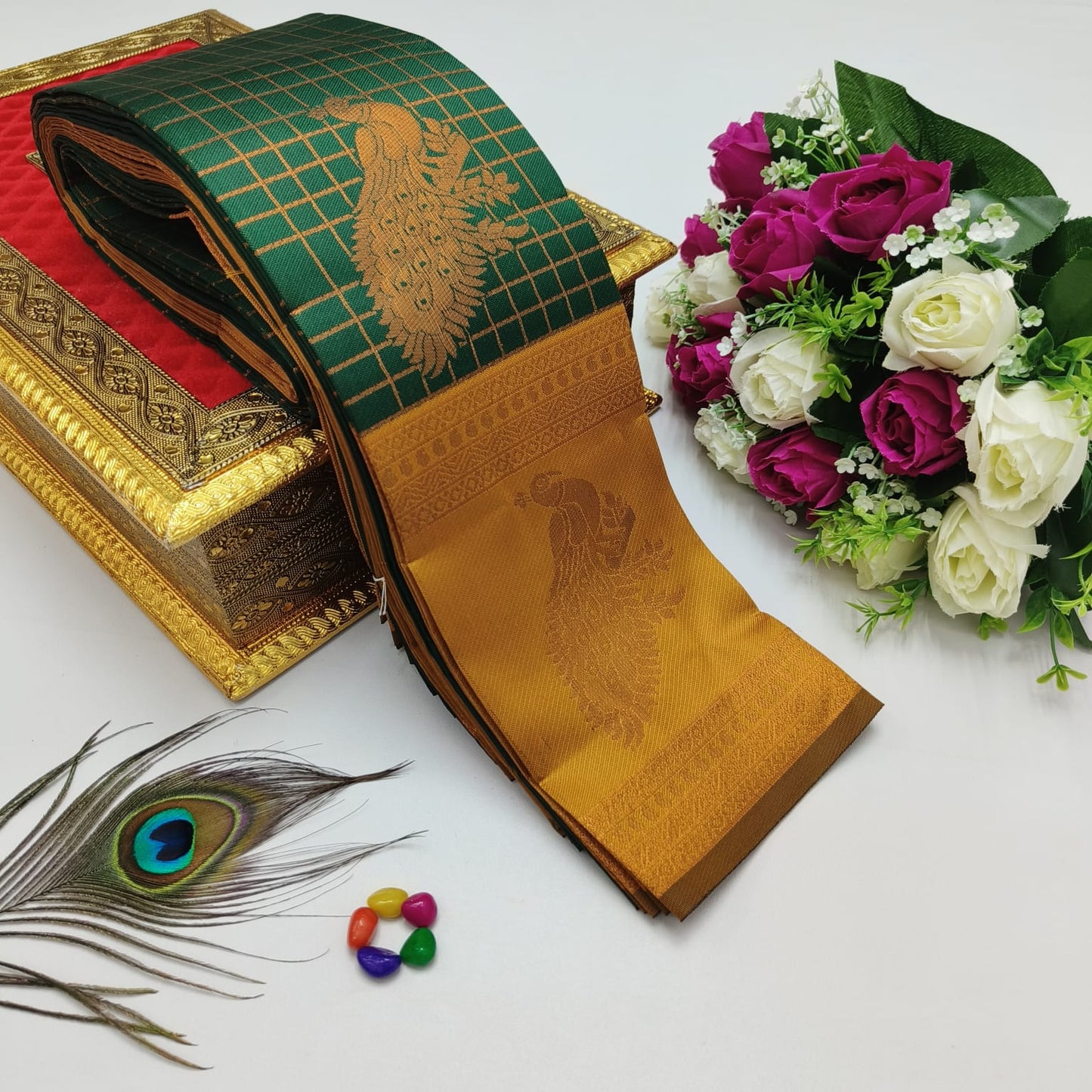 Elite Kupura Korvai Bridal Rapier Silk Saree – 3D Embossed Weaving with Rich Pallu & Contrast Blouse