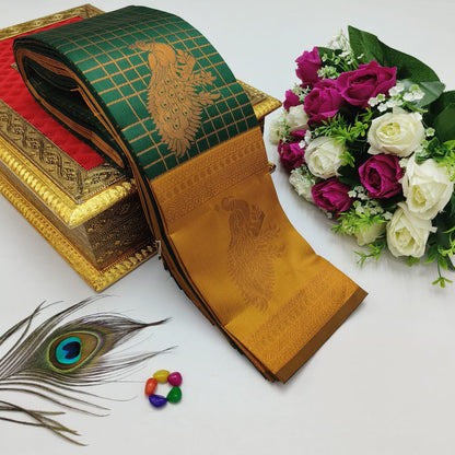 Elite Kupura Korvai Bridal Rapier Silk Saree – 3D Embossed Weaving with Rich Pallu & Contrast Blouse