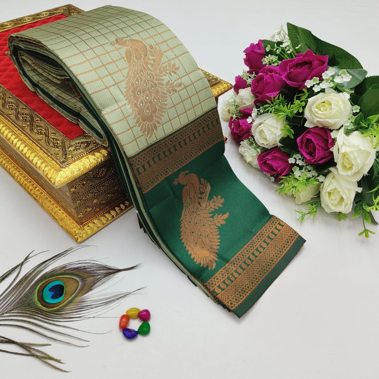 Elite Kupura Korvai Bridal Rapier Silk Saree – 3D Embossed Weaving with Rich Pallu & Contrast Blouse