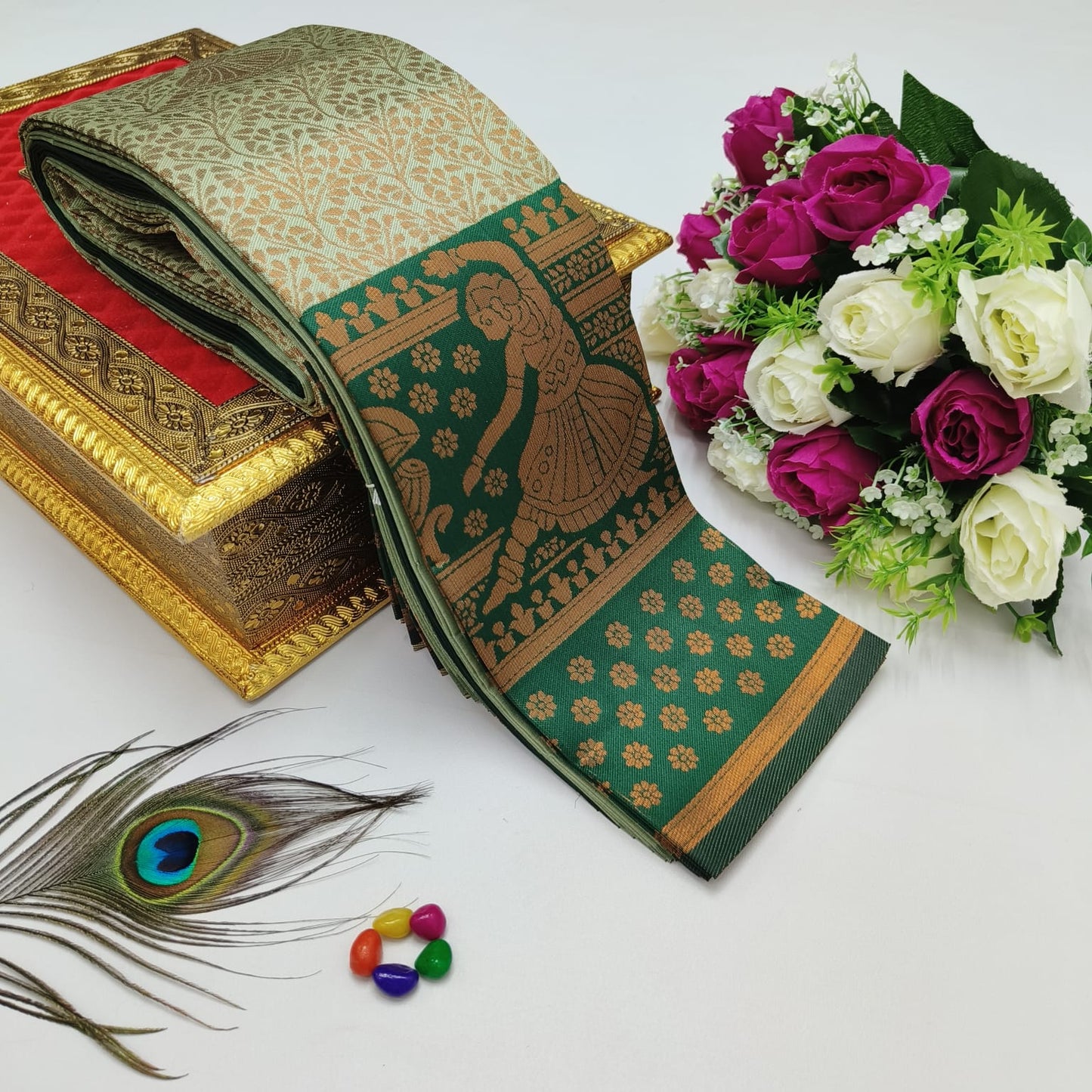 Elite Kupura Korvai Bridal Rapier Silk Saree – 3D Embossed Weaving with Rich Pallu & Contrast Blouse